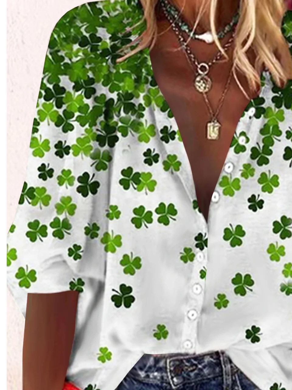 Women's St Patrick's Day T-Shirt Lucky Four-Leaf Clover Printed Loose Shirt