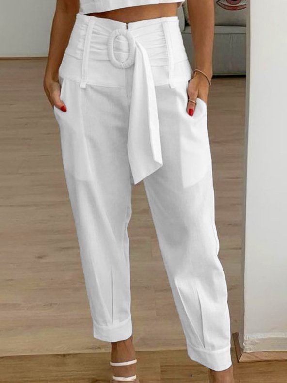 Daily Casual Plain Cotton High Waist Straight Tapered Cropped Pant