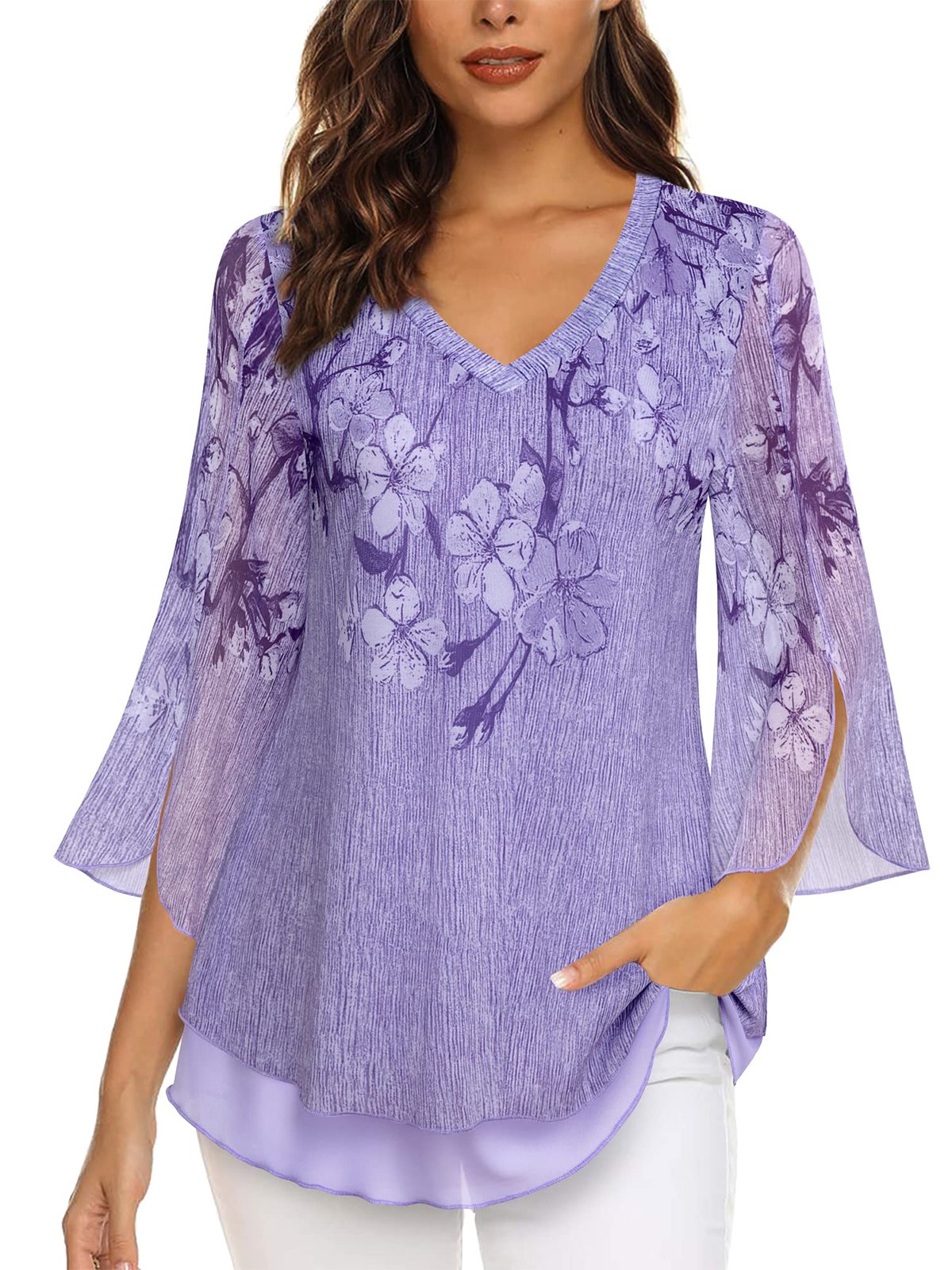 Floral Elegant Loose V Neck Shirt