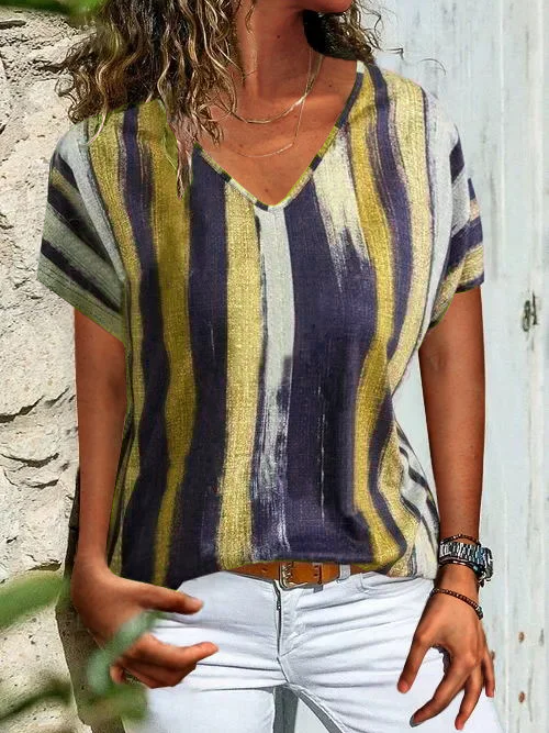 Casual Striped V Neck Short Sleeve T-shirt