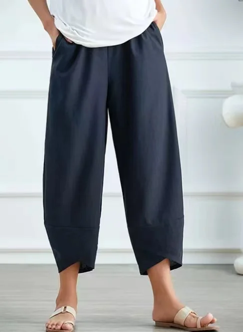 Casual Baggy Plain Linen & Cotton Cropped Pant