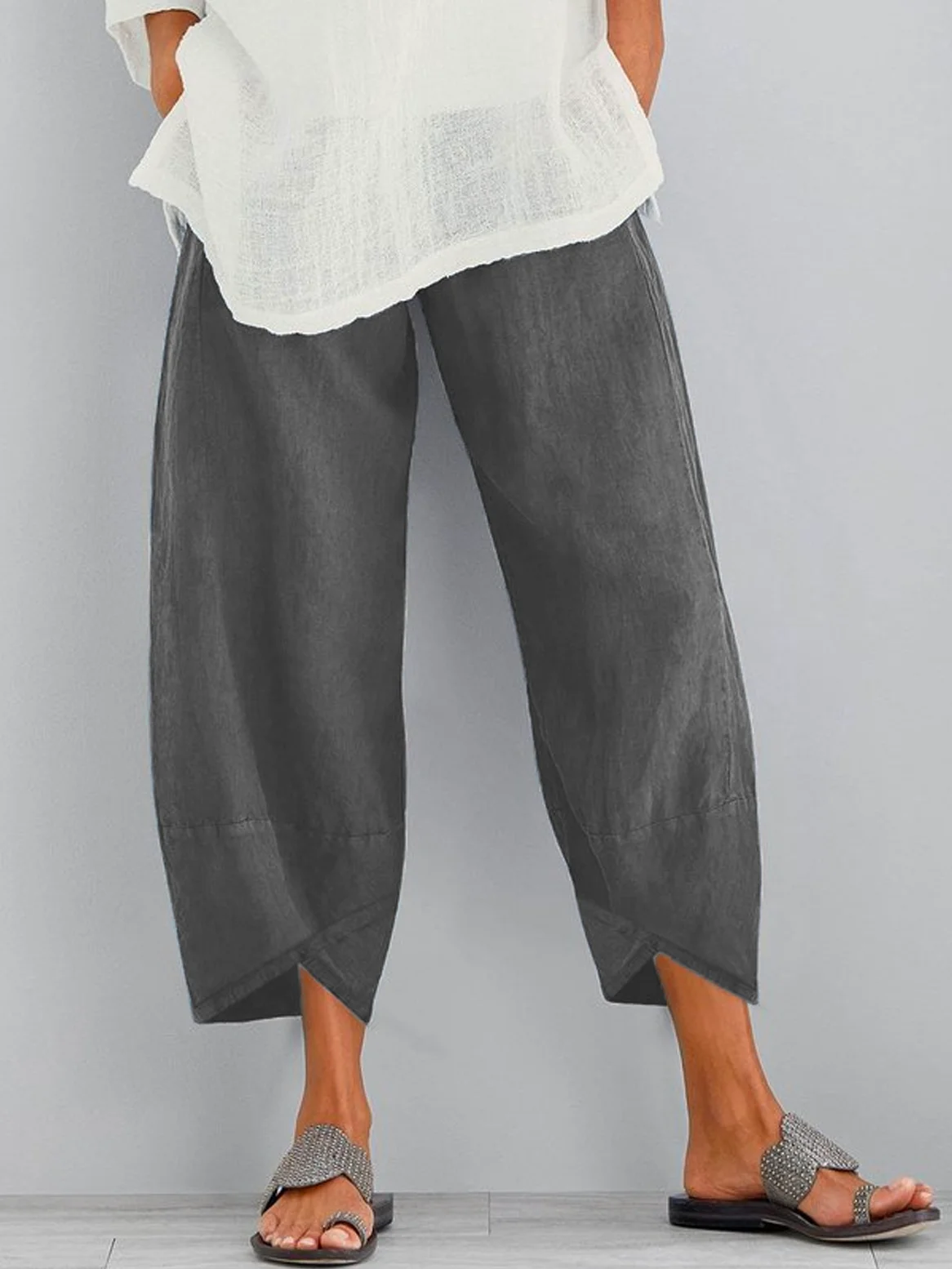 Casual Baggy Plain Linen & Cotton Cropped Pant