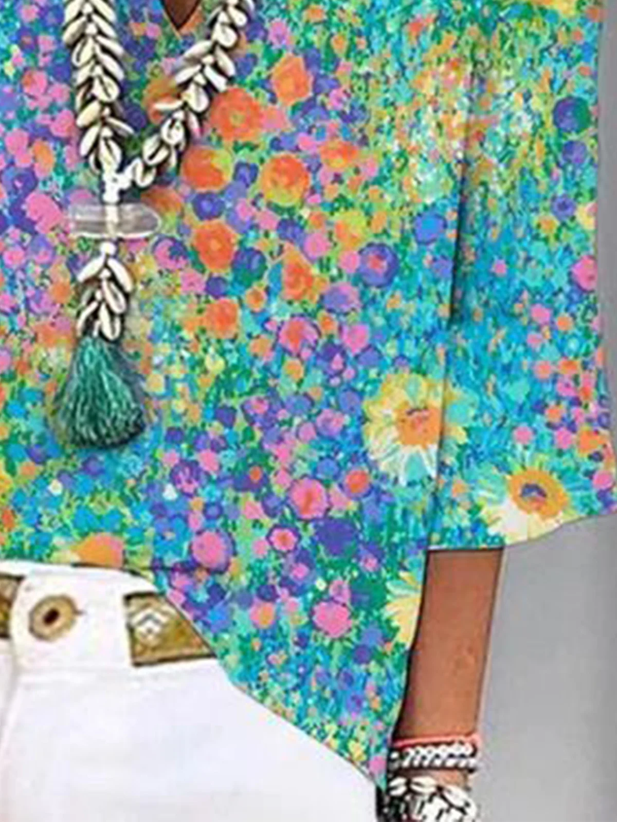 V Neck Vacation Floral Loose Shirt