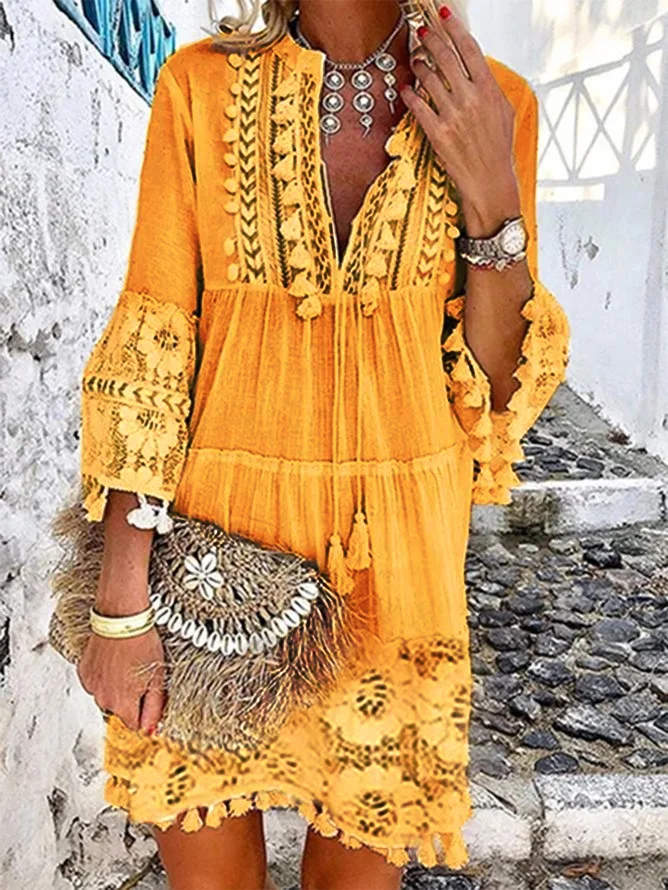 Causal 3/4 Sleeve V Neck Holiday Boho Dresses