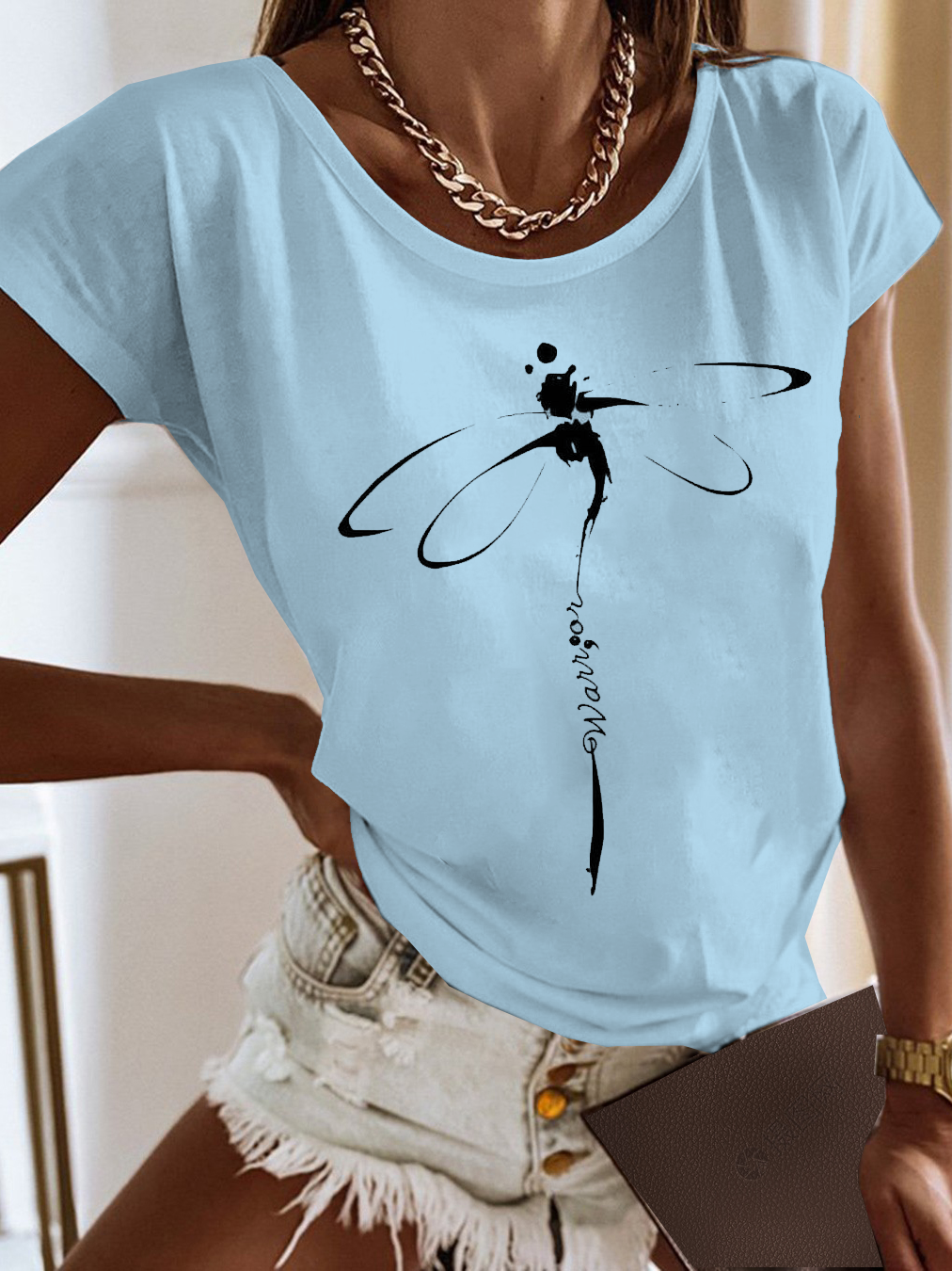 Casual Jersey Dragonfly Printed Loose T-Shirt