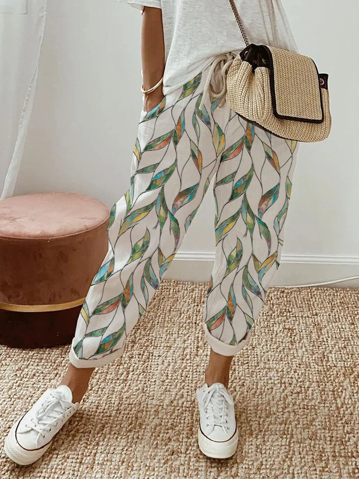 Casual Geometria Print Soild Drawstring Straight Pant