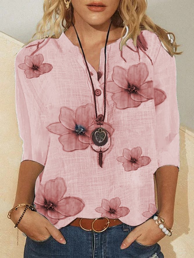 Women's Floral Half Sleeve Henley Neck Casual Blouse