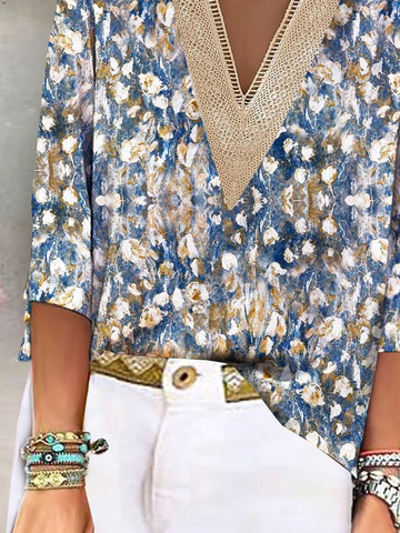 V Neck Casual Abstract Print Blouses