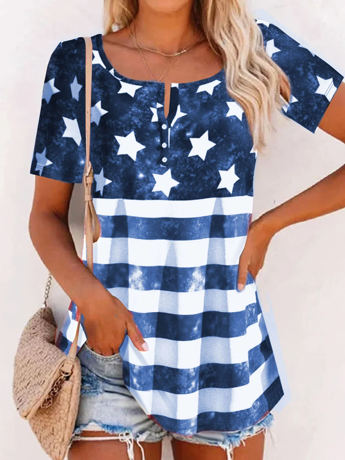 America Flag Printed Buckle Casual Jersey Tunic Blouse
