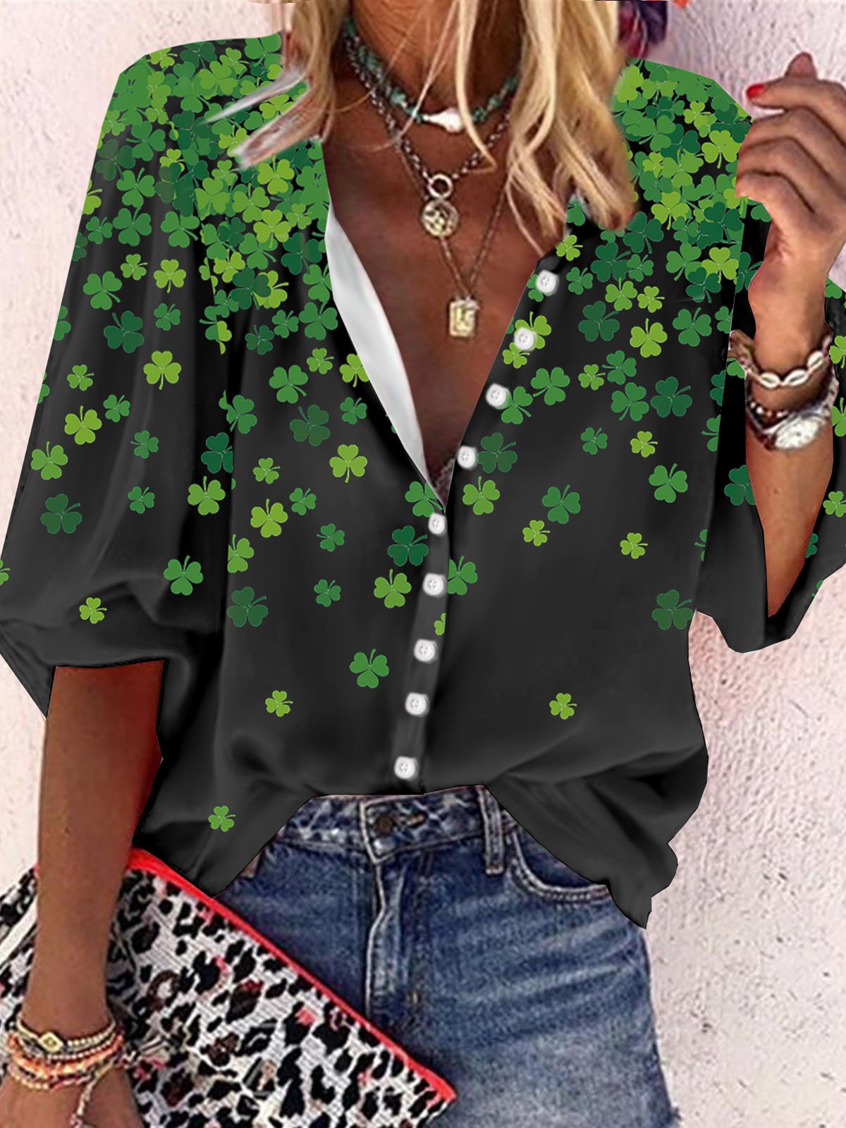 Women's St Patrick's Day T-Shirt Lucky Four-Leaf Clover Printed Loose Shirt
