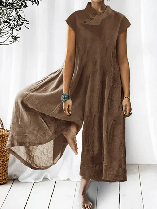 Women's Solid Color Half High Neck Cotton Linen Jumpsuit