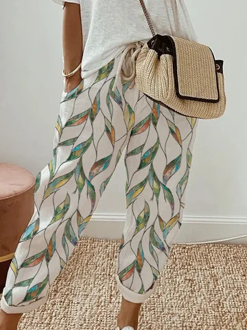 Casual Geometria Print Soild Drawstring Straight Pant