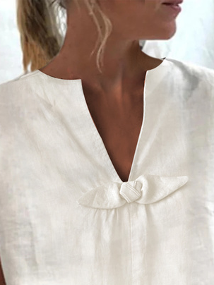 Simple Loose V Neck Bow Plain Shirt