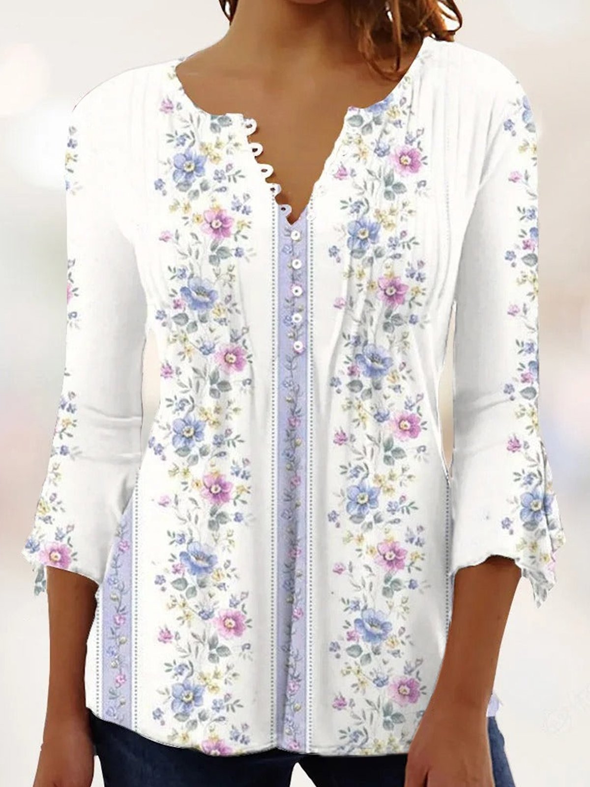 Jersey Floral Casual Loose Tunic Blouse