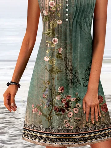 Buckle Casual Jersey Floral Printed Dress