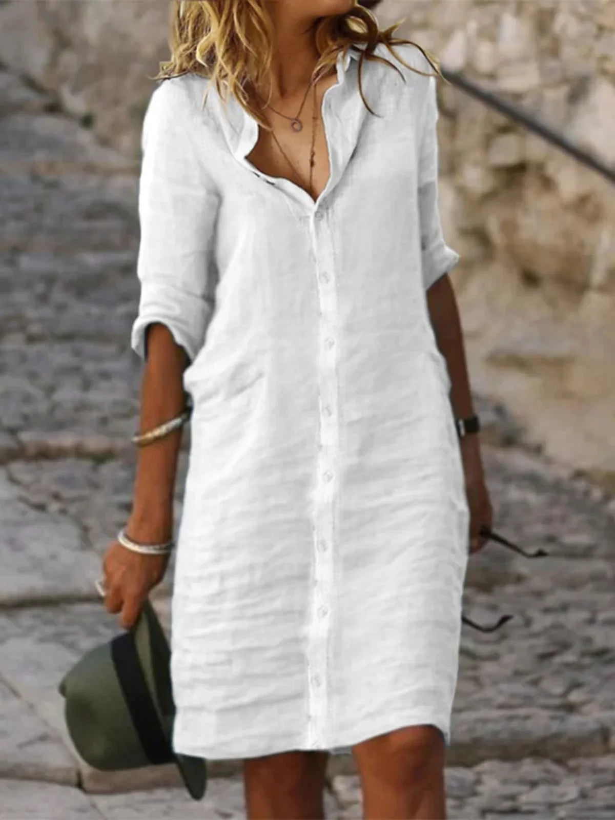 Cotton And Linen Loose Linen Plain Dress