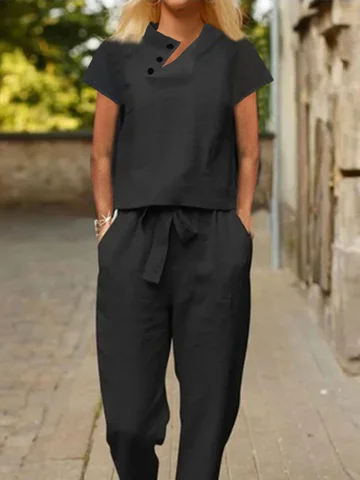 Plain Short Sleeve Top And Paperbag Straight Pant Two Piece Set