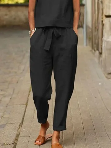 Plain Short Sleeve Top And Paperbag Straight Pant Two Piece Set