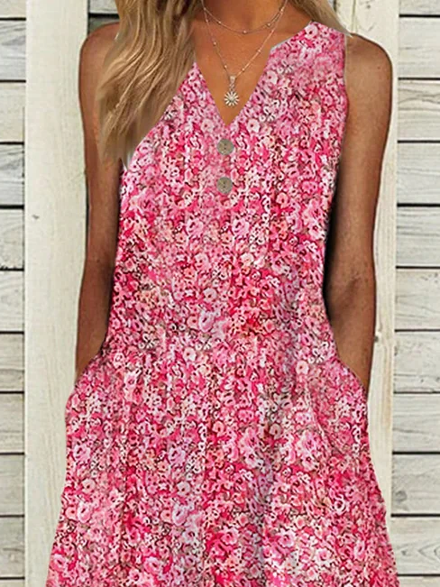 Women V Neck Floral Loose Vacation Button Midi Dress