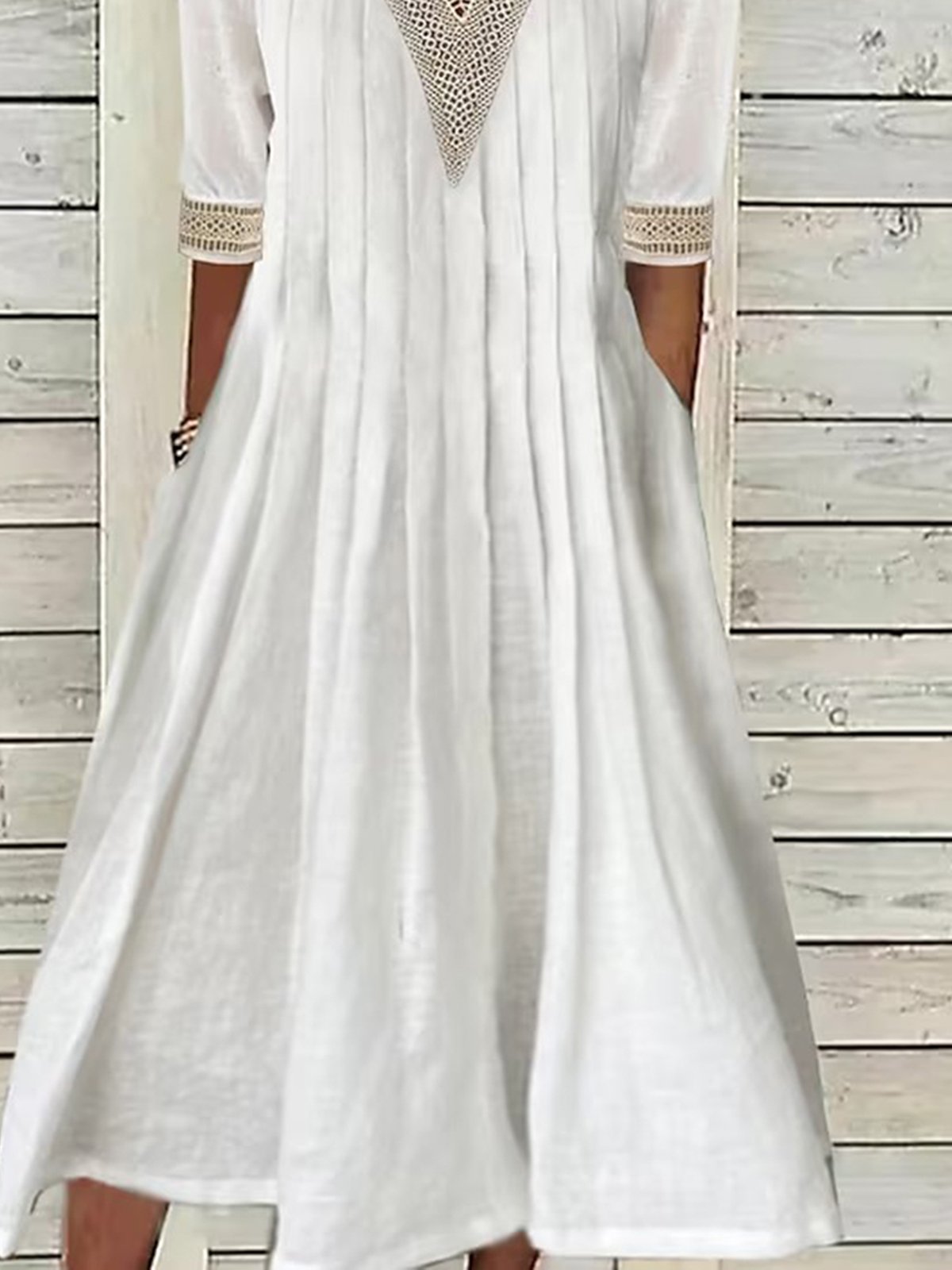 Lace Cotton And Linen Casual Plain Pockets Dress