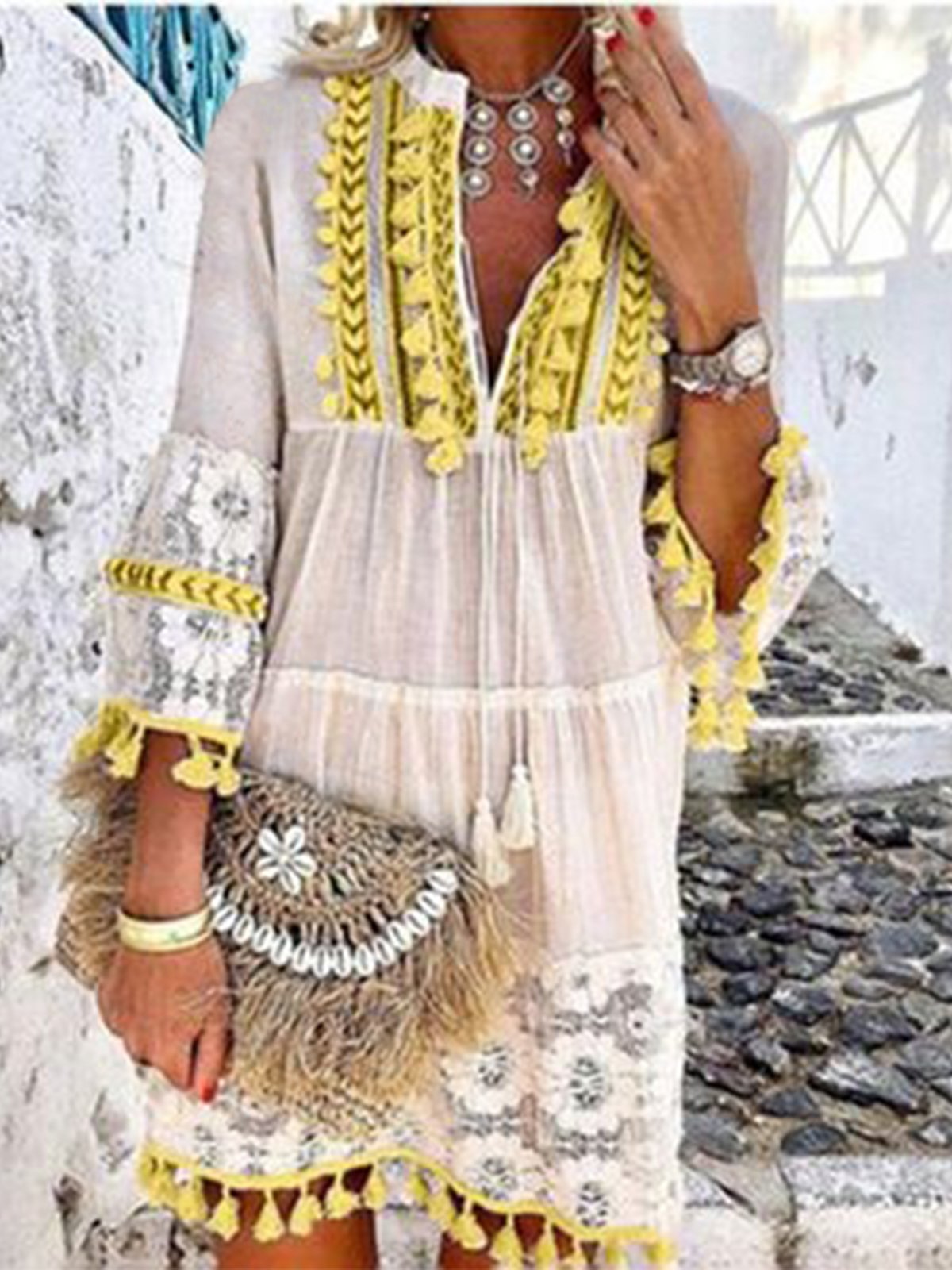 Causal 3/4 Sleeve V Neck Holiday Boho Dresses