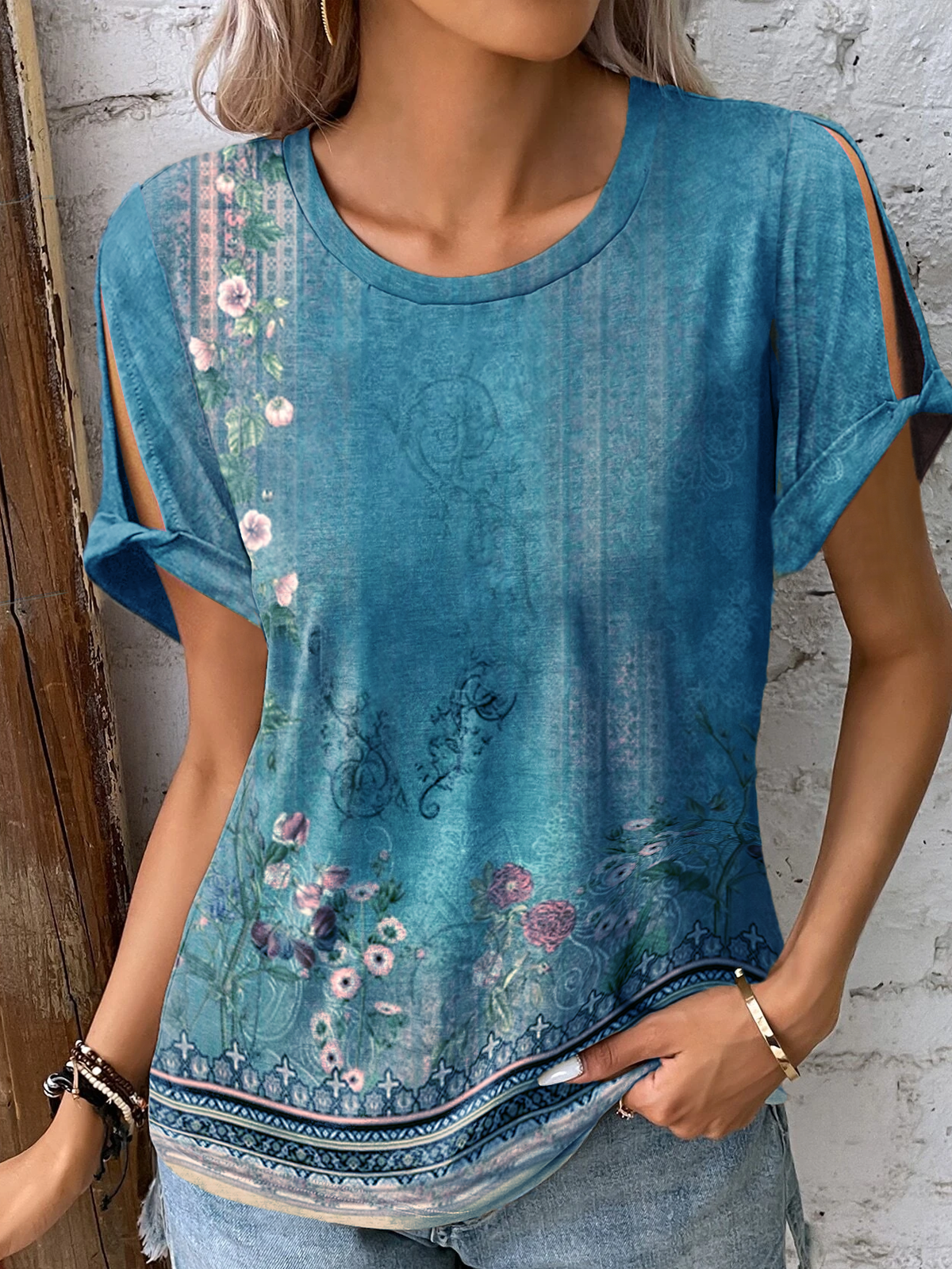 Crew Neck Floral Casual Blouse