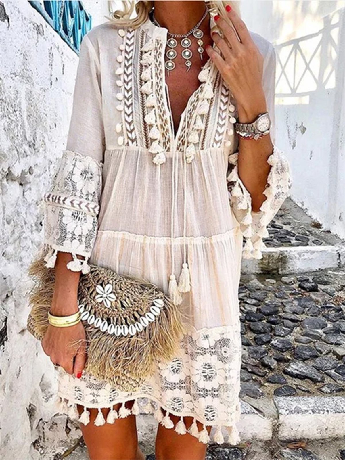 Causal 3/4 Sleeve V Neck Holiday Boho Dresses