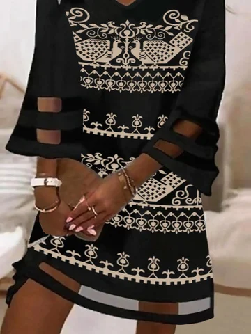 Ethnic Mesh V Neck Casual Tunic Dress