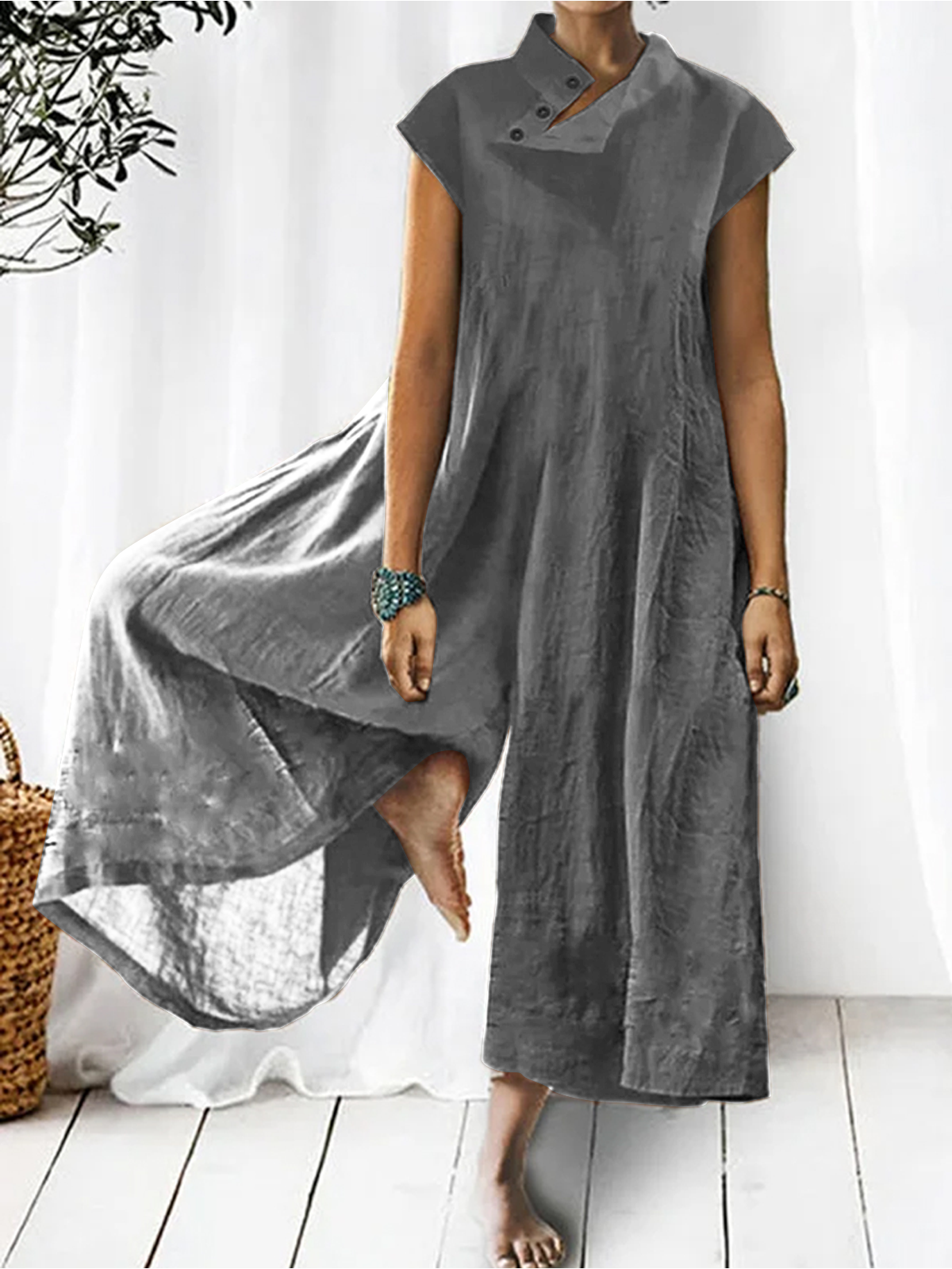 Women's Solid Color Half High Neck Cotton Linen Jumpsuit