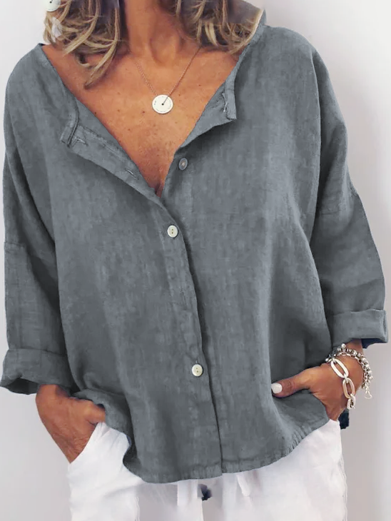 Women Casual Solid V Neck Cotton Long Sleeve Buttoned Tunic Top