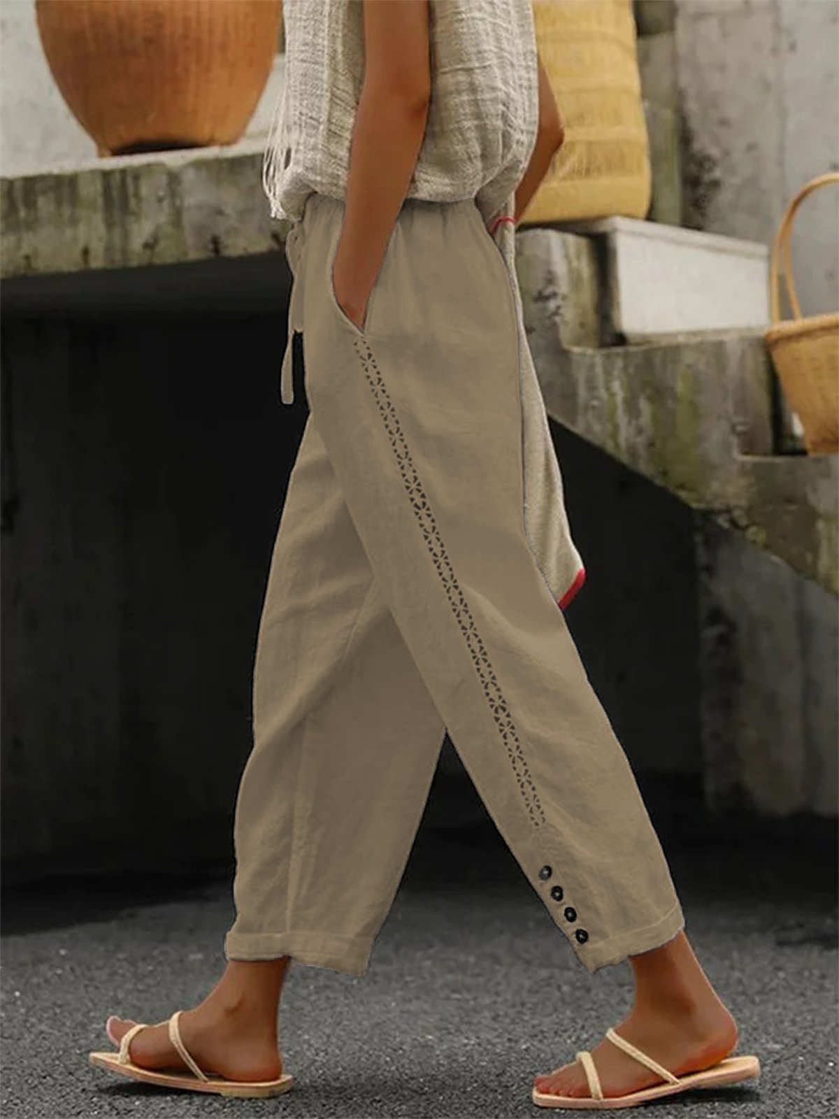 Casual Plain Lace Mesh Side Solid Drawstring Cotton Pant