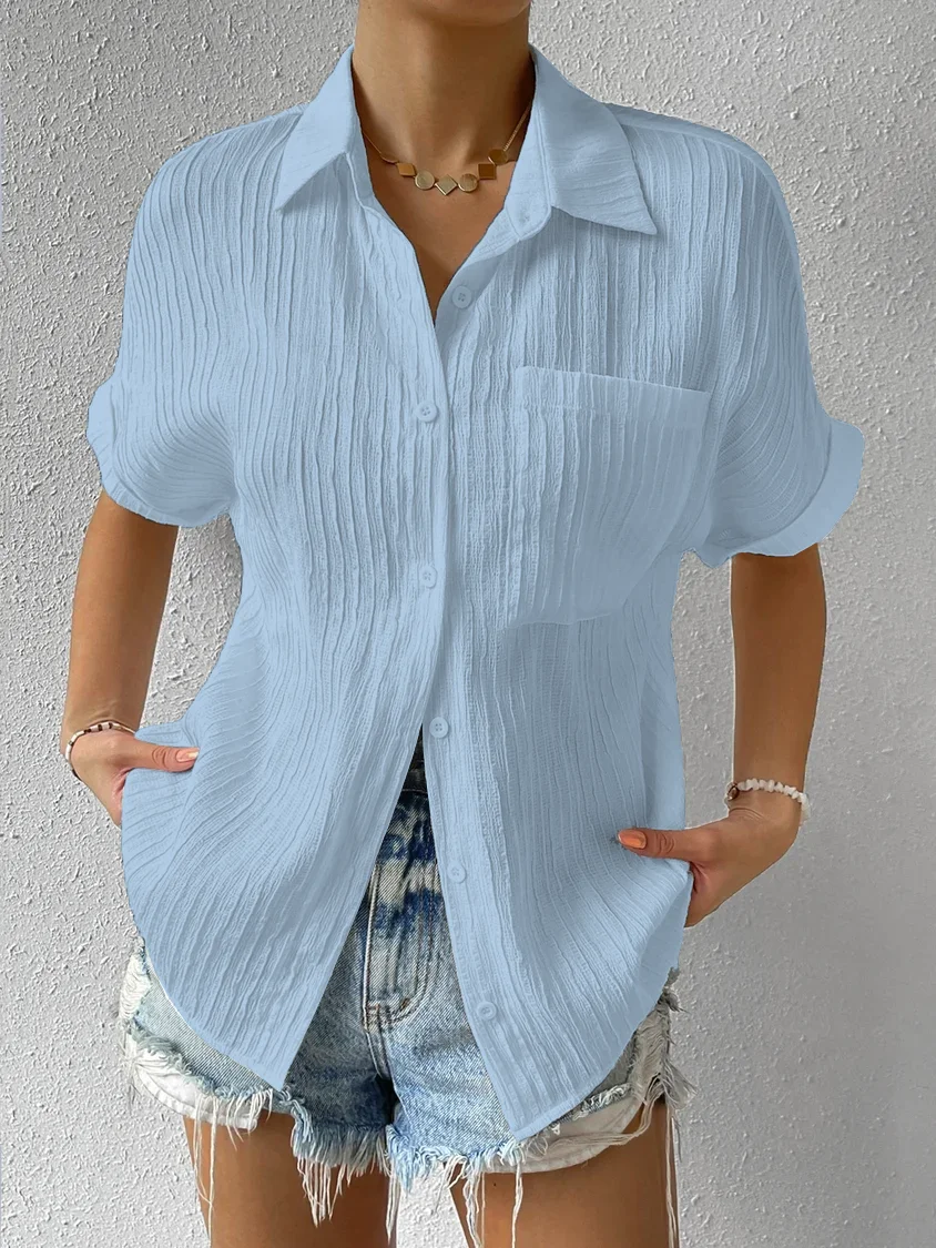 Shirt Collar Casual Buttoned Loose Blouse