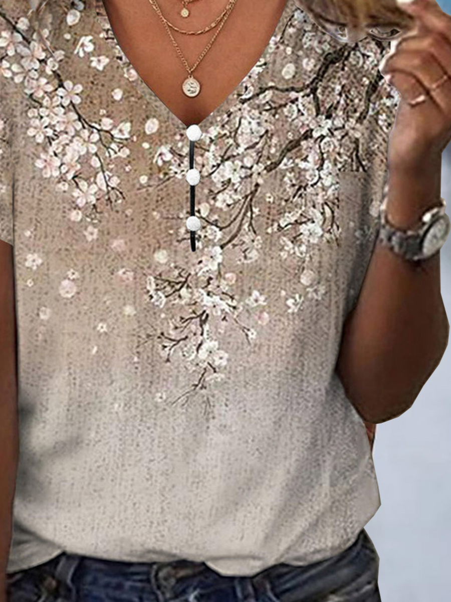 Loose Floral V Neck Casual Blouse