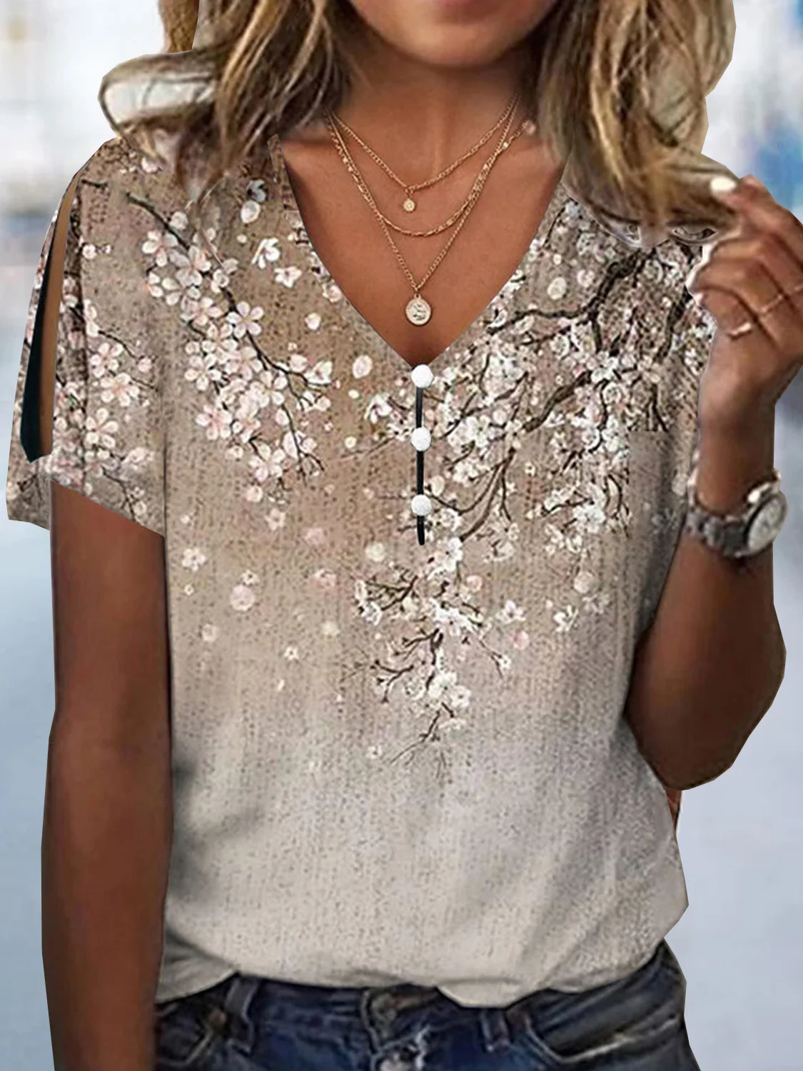 Loose Floral V Neck Casual Blouse