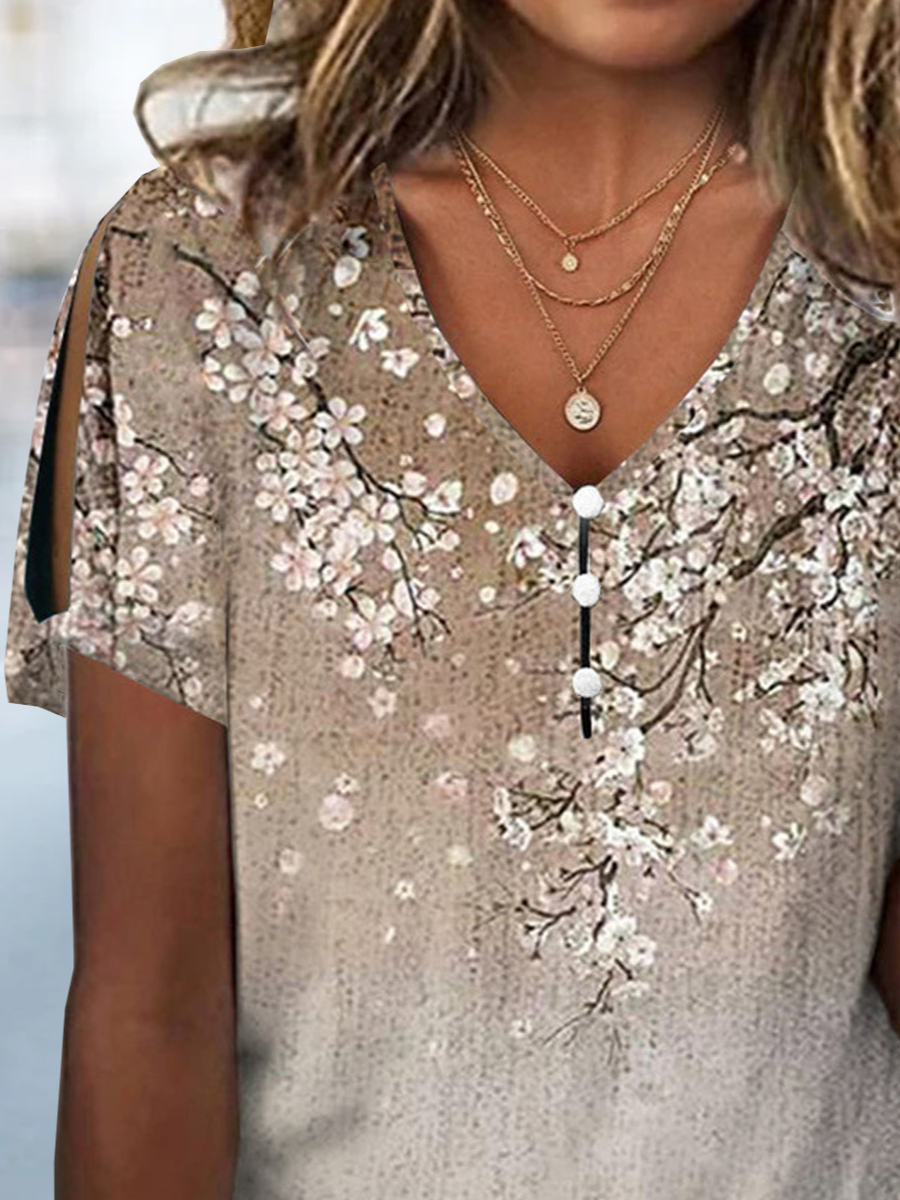 Loose Floral V Neck Casual Blouse