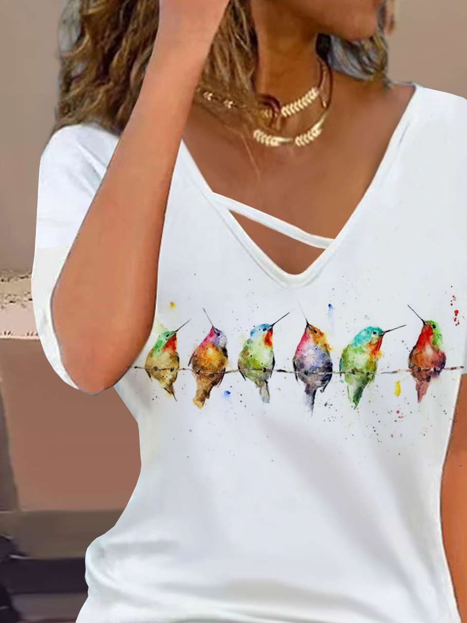 Bird Printed Casual Jersey V-neck T-Shirt