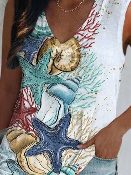 Loose Casual Marine Life V Neck Tank Top