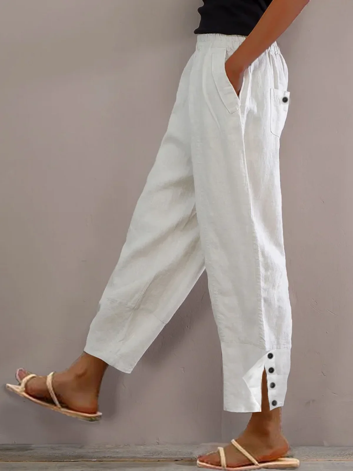 Loose Buttoned Cotton And Linen Linen Pants | noracora