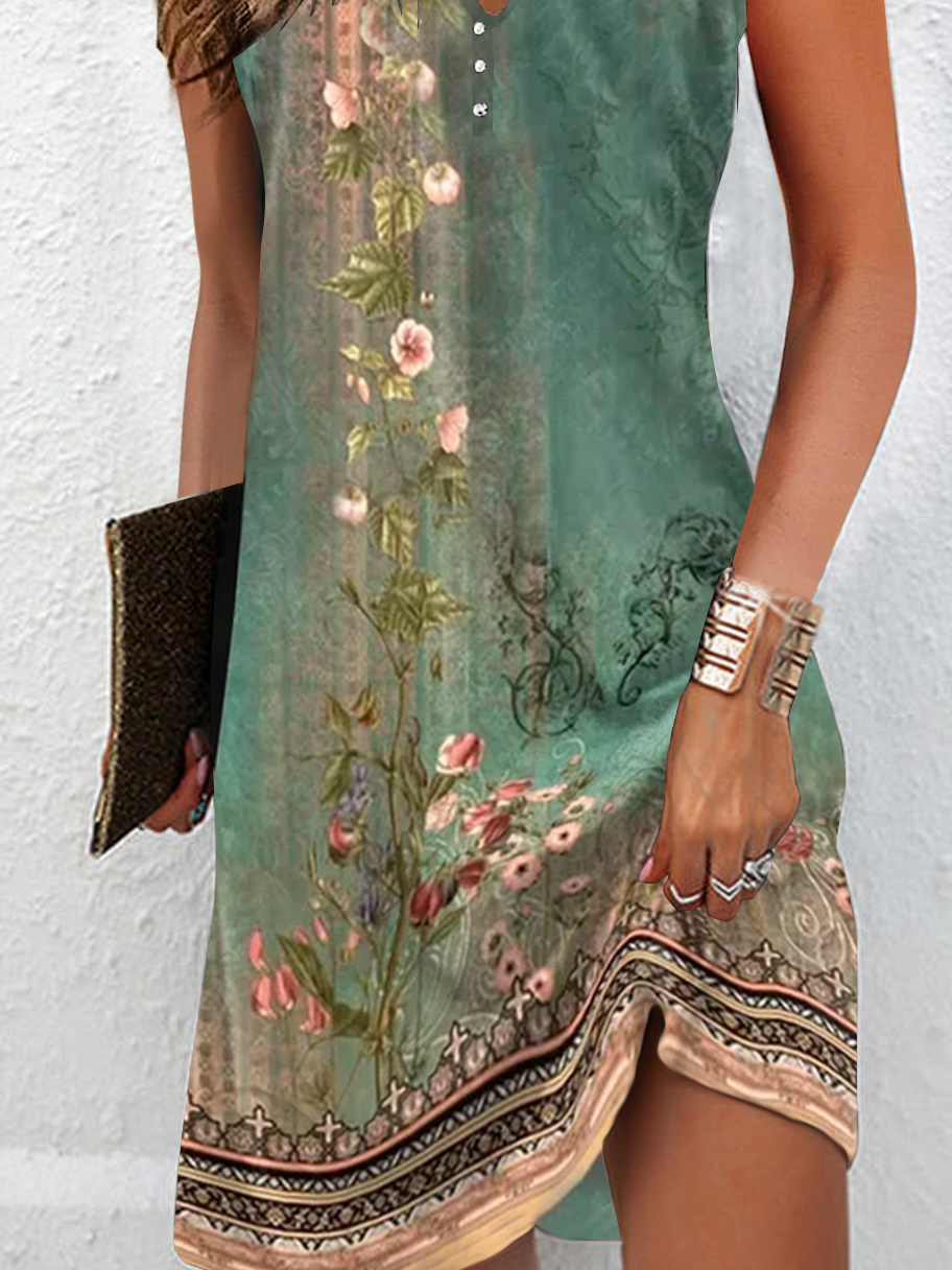 Women Casual Mini Dress Green Strap Print V Neck Sleeveless Loose Short Dress