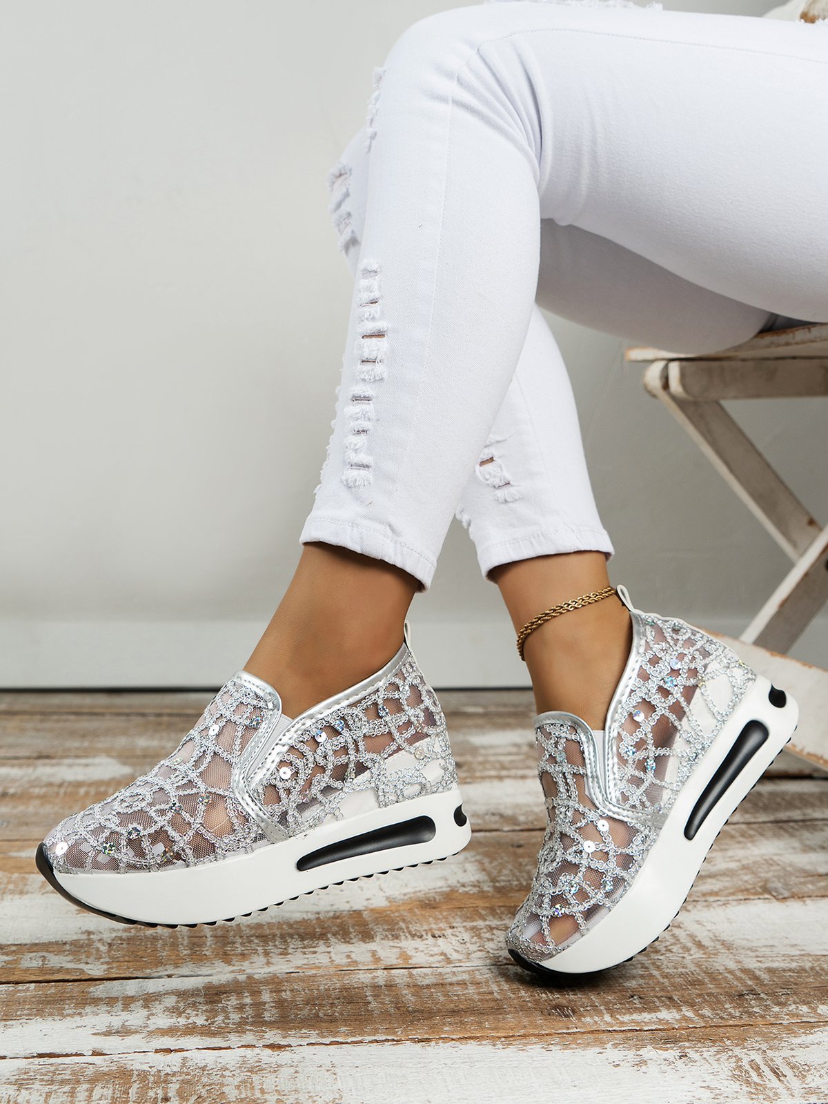 Fashion Sequin Breathable Mesh Slip On Platform Sneakers