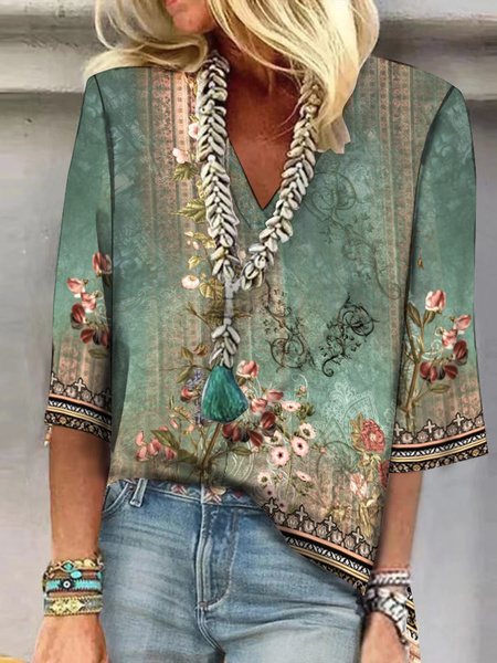 V Neck Loose Casual Floral Shirt