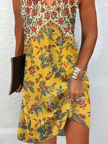 Floral Sleeveless V Neck Casual Tunic Dress
