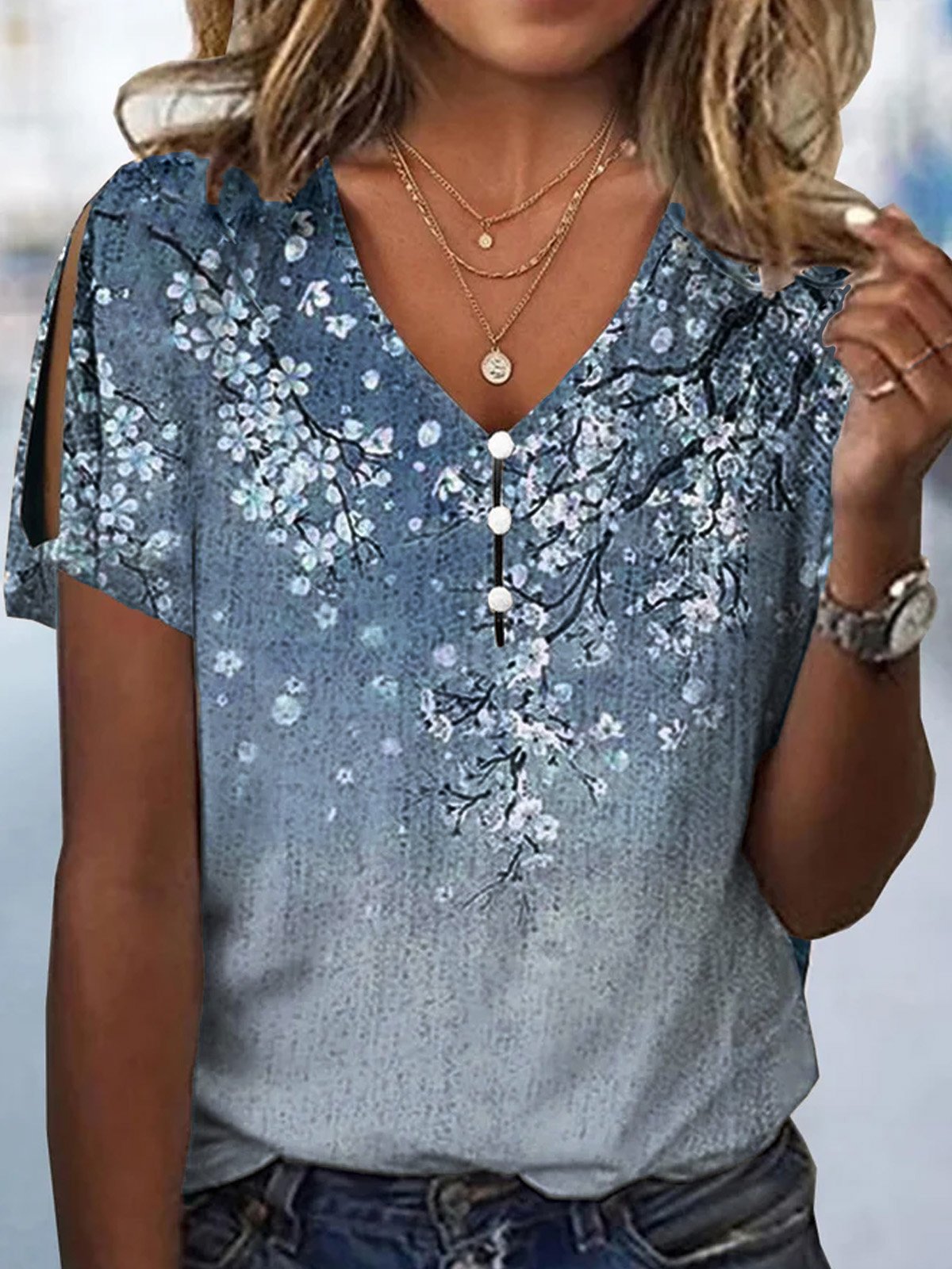 Loose Floral V Neck Casual Blouse