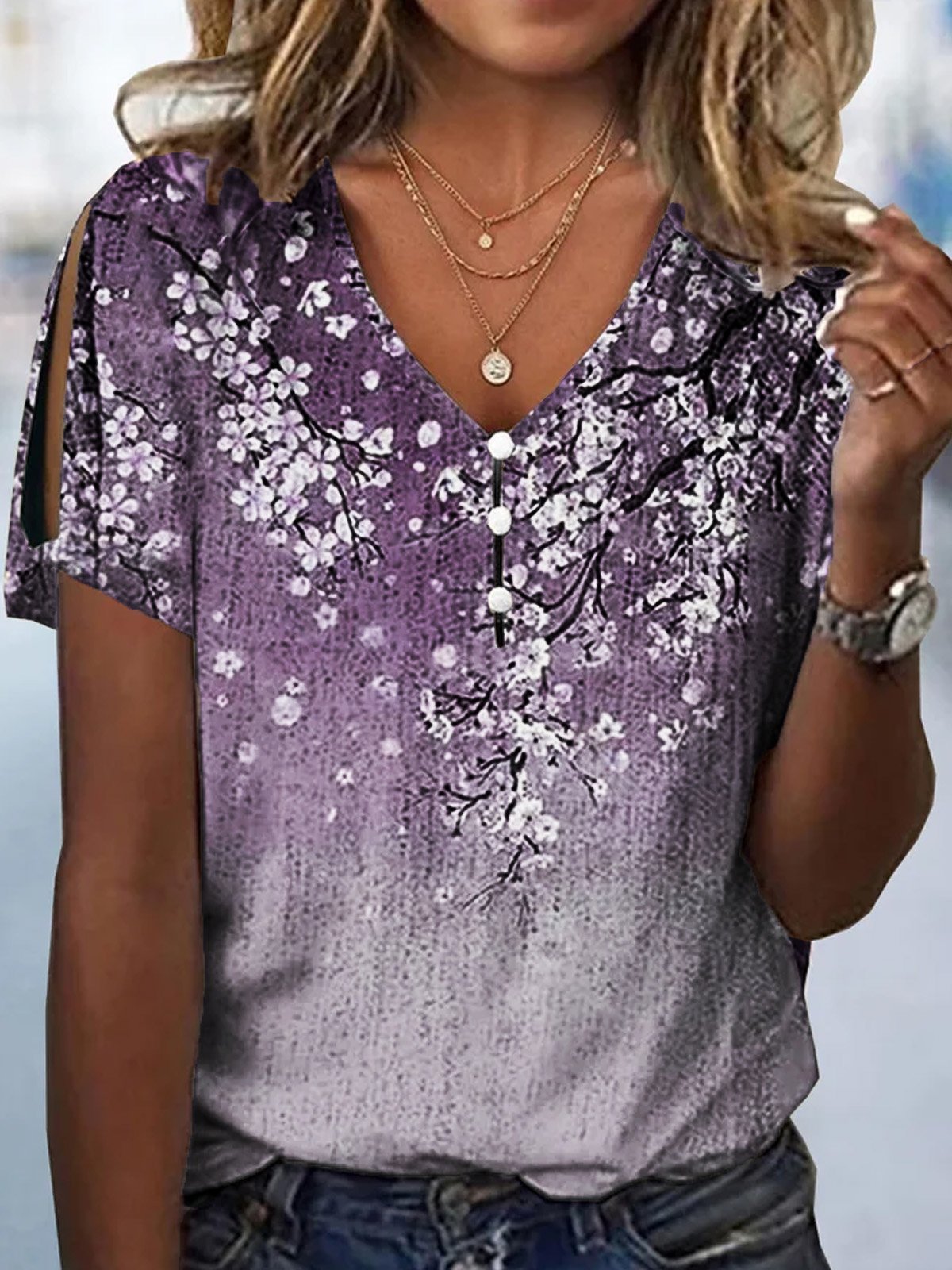 Loose Floral V Neck Casual Blouse