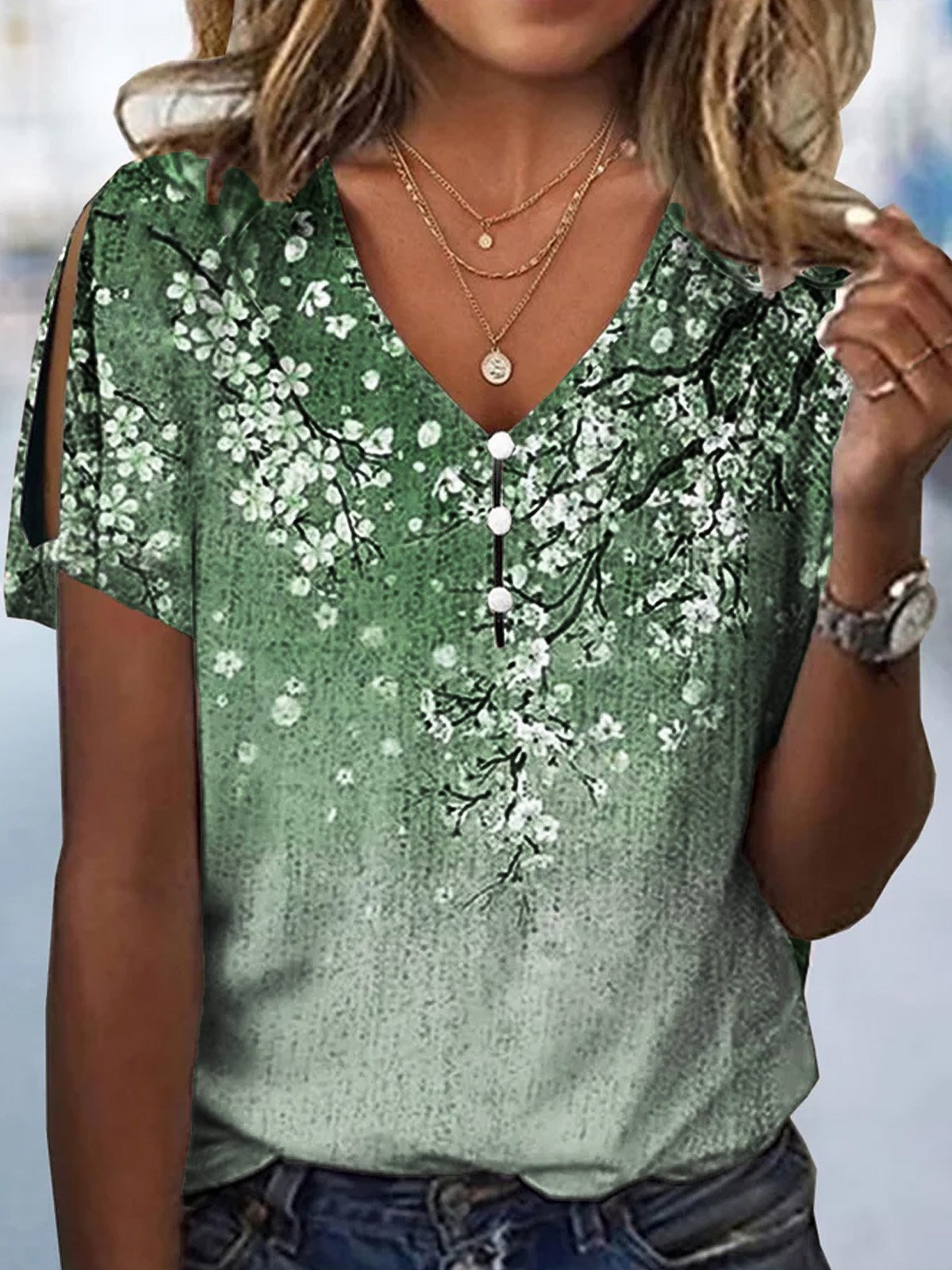 Loose Floral V Neck Casual Blouse