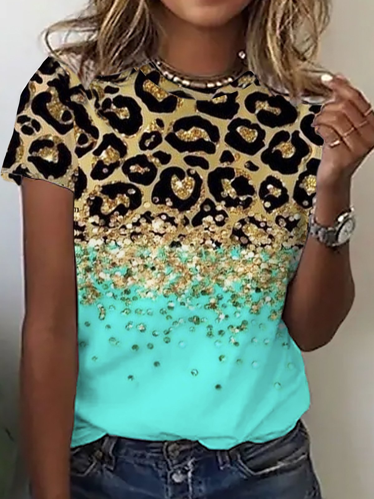 Casual Leopard Printed Crew Neck Loose T-Shirt