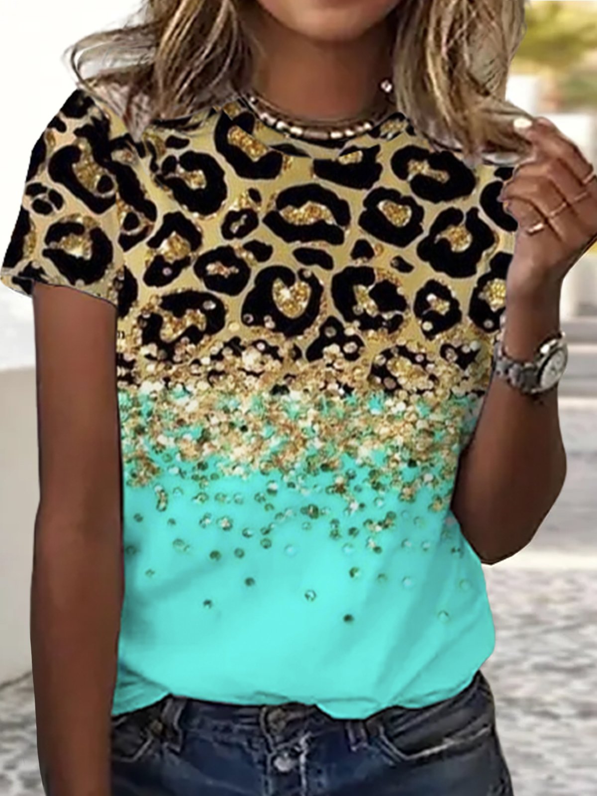 Casual Leopard Printed Crew Neck Loose T-Shirt