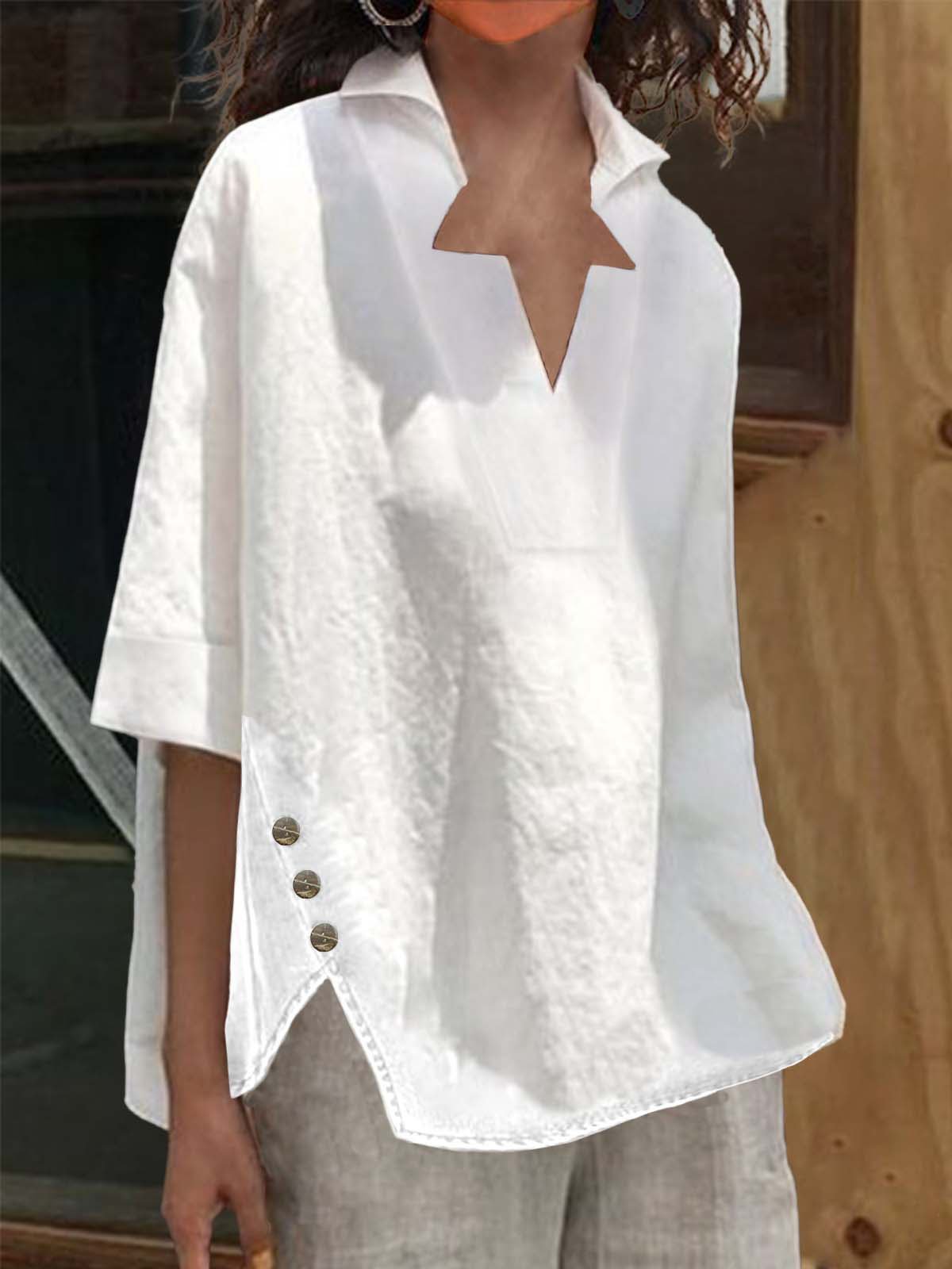 woman casual Cotton Buckle Linen Loose Blouse