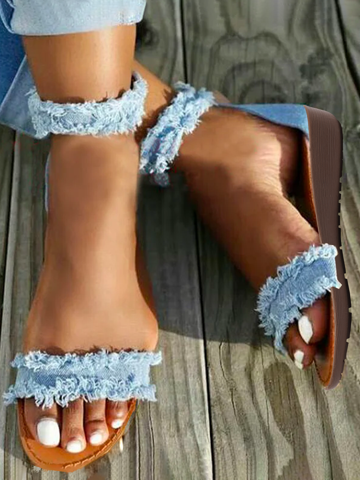 Blue Denim Fringe Strap Casual Sandals