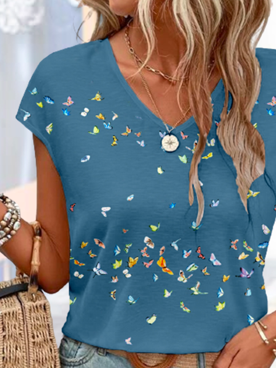 Loose Casual Butterfly V Neck Shirt